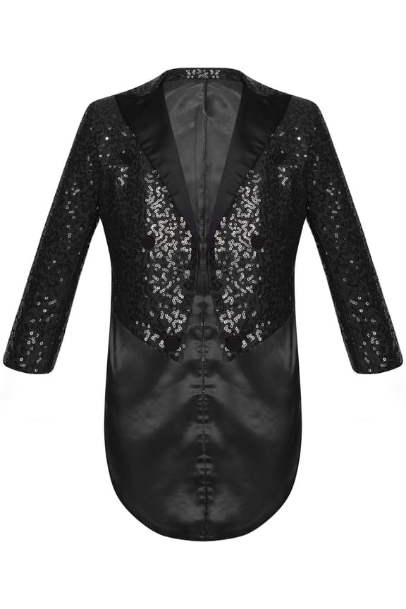 Boys Classic Tuxedo Shiny Sequin Blazer Tailcoat Swallowtail Long Sleeve Suit Jacket Stage Black 10
