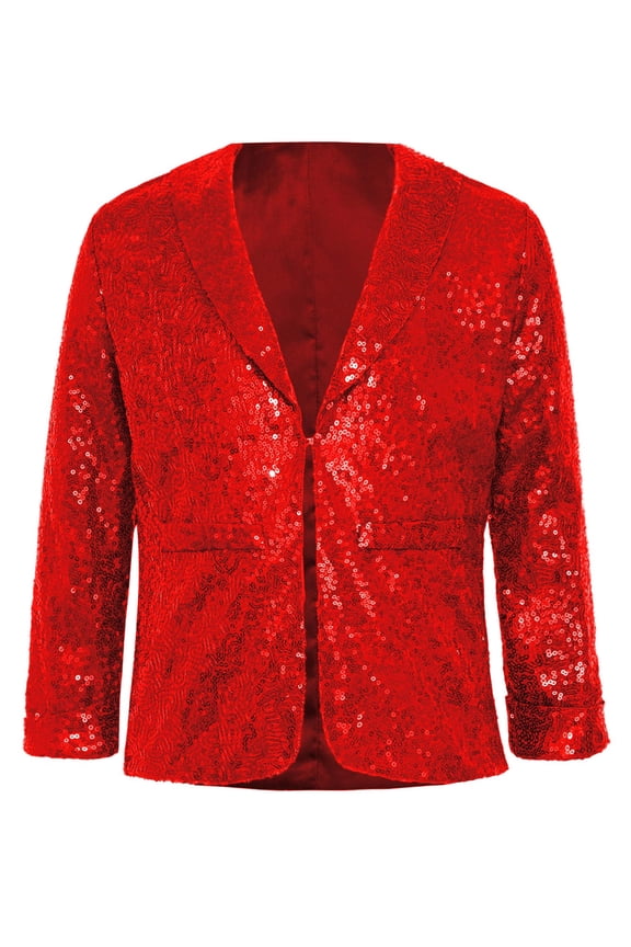Boys Girls Christmas Shiny Sequins Long Sleeve Lapel Jacket Coat Jazz Latin Disco Street Dance Clothes Red 6