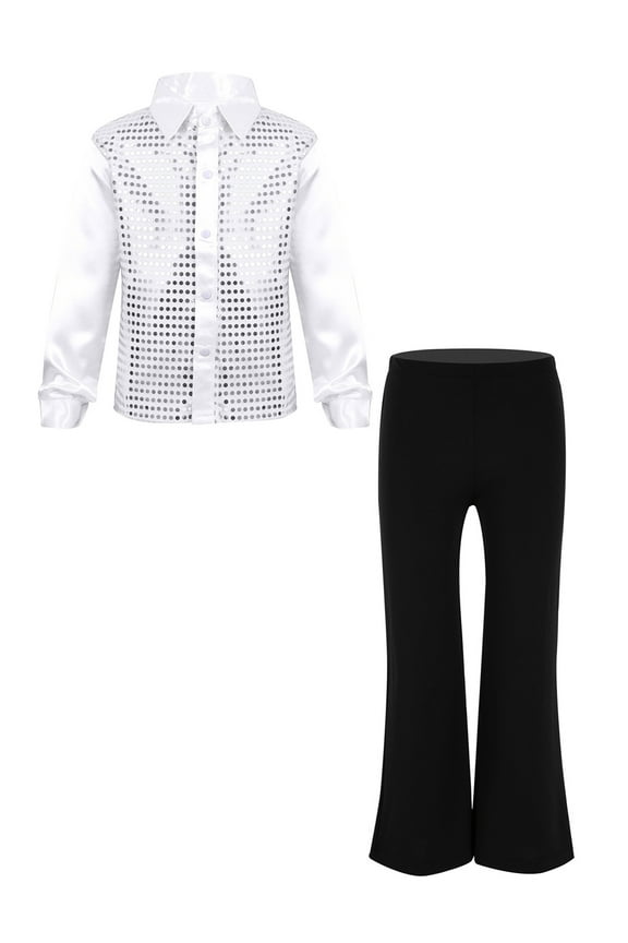 Boys Girls Shiny Hip Hop Jazz Dance Outfits Sequined Shirt with Flare Pants Set for Children's Day Dsico White 8