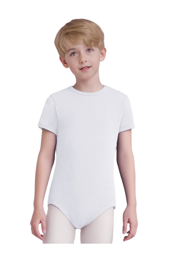 Boys One Piece Gymnastic Workout Ballet Dance Unitard Athletic Leotard Tumbling Outfits Stretchy Jumpsuit White 8