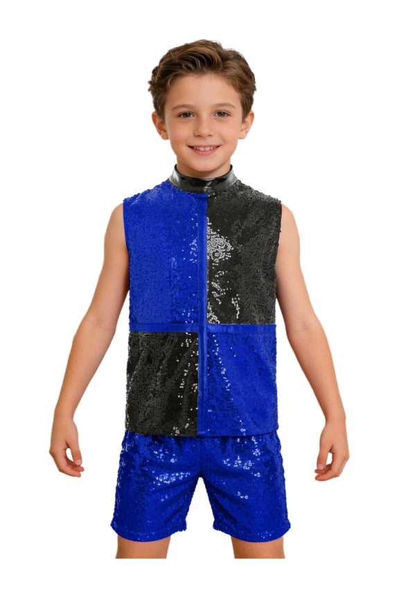 Boys Sequin Jazz Dance Outfit Hip Hop Clothes Crop Top with Shorts Recital Disco Party Streetwear Blue 8
