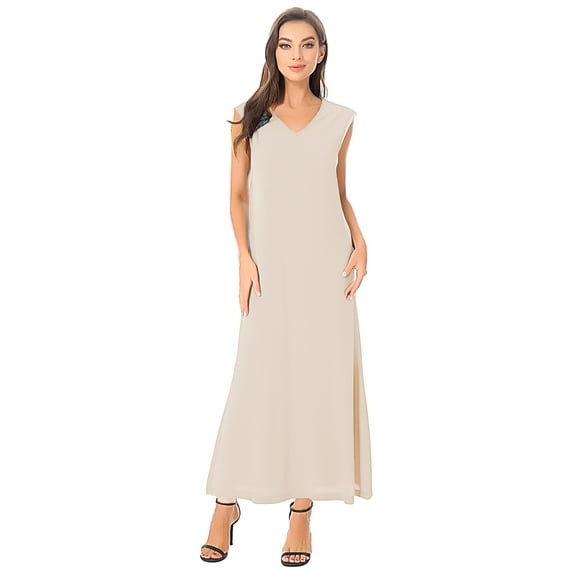 TSSOE Casual Dresses for Women V Neck Sleeveless Solid Color Loose Fit Swing Summer Dresses Beige XXL