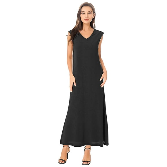 TSSOE Casual Dresses for Women V Neck Sleeveless Solid Color Loose Fit Swing Summer Dresses Black S