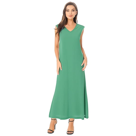TSSOE Casual Dresses for Women V Neck Sleeveless Solid Color Loose Fit Swing Summer Dresses Green S