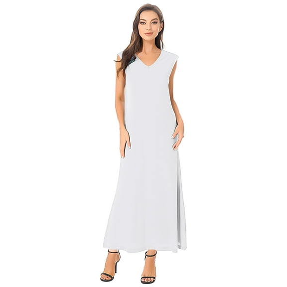 TSSOE Casual Dresses for Women V Neck Sleeveless Solid Color Loose Fit Swing Summer Dresses White S