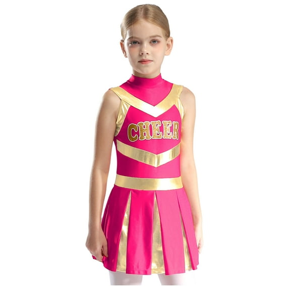 TSSOE Cheer Leader Costumes for Girls Sleeveless Cheer Letter Print Uniform Dance Dress for Party Clothes Hot Pink 14