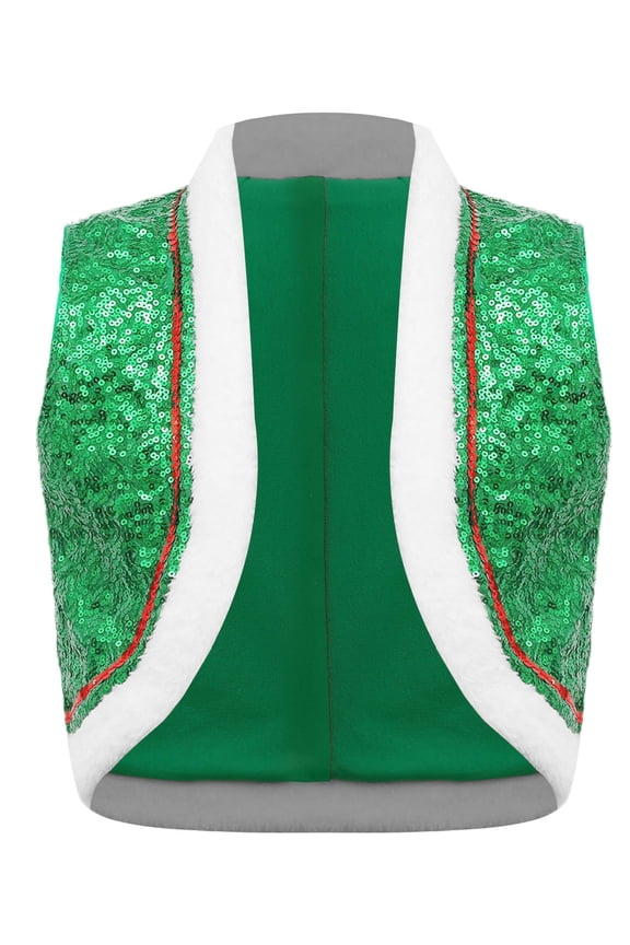 Child Girls Boys Santa Elf Waistcoat Sleeveless Sequins Velvet Trim Vest for Christmas School Show Green 16