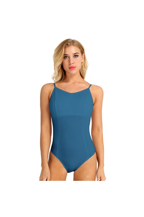 Classic V-Neck Camisole Dance Leotards for Women Cotton Spaghetti Straps Ballet Costume Blue-green L