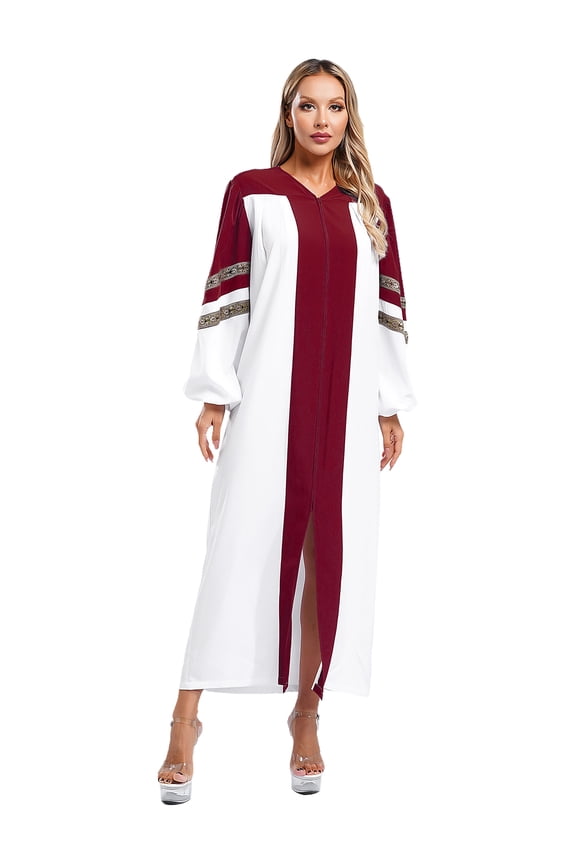 Clergy Robe for Women V-neck Long Sleeve Zipper Minister Choir Robe A-line Long Dress Robe Burgundy XL