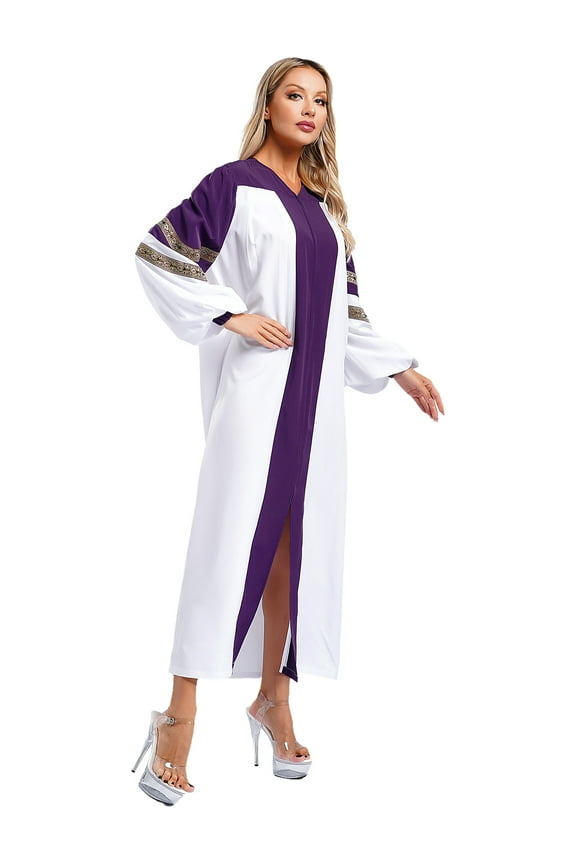 Clergy Robe for Women V-neck Long Sleeve Zipper Minister Choir Robe A-line Long Dress Robe Purple S