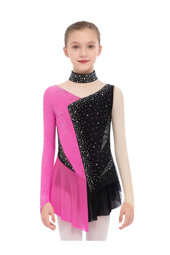 Figure Ice Skating Dress for Girls Long Sleeve Skirted Leotard Sparkly Ballet Dance Dress for Performance Light Hot Pink 16
