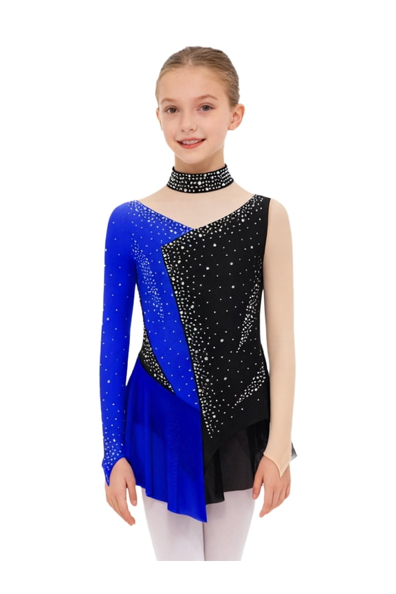 Figure Ice Skating Dress for Girls Long Sleeve Skirted Leotard Sparkly Ballet Dance Dress for Performance Navy Blue 8