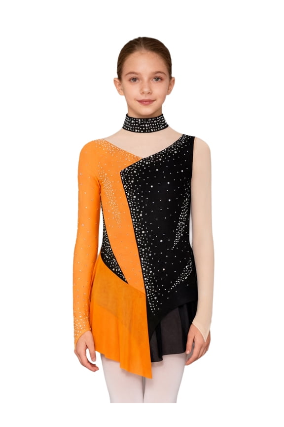 Figure Ice Skating Dress for Girls Long Sleeve Skirted Leotard Sparkly Ballet Dance Dress for Performance Orange 8