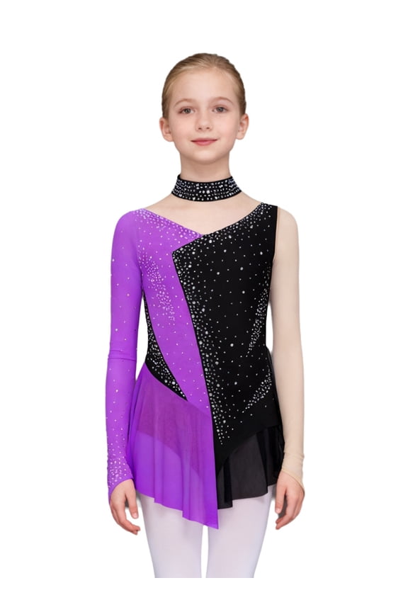 Figure Ice Skating Dress for Girls Long Sleeve Skirted Leotard Sparkly Ballet Dance Dress for Performance Purple 16