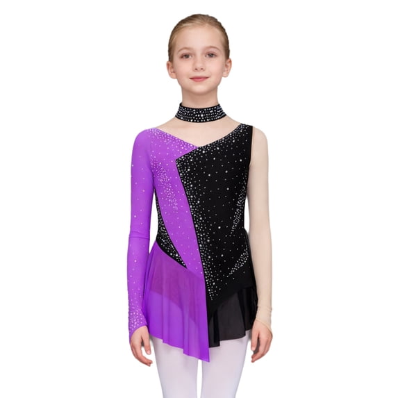 TSSOE Figure Ice Skating Dress for Girls Long Sleeve Skirted Leotard Sparkly Ballet Dance Dress for Performance Purple 16