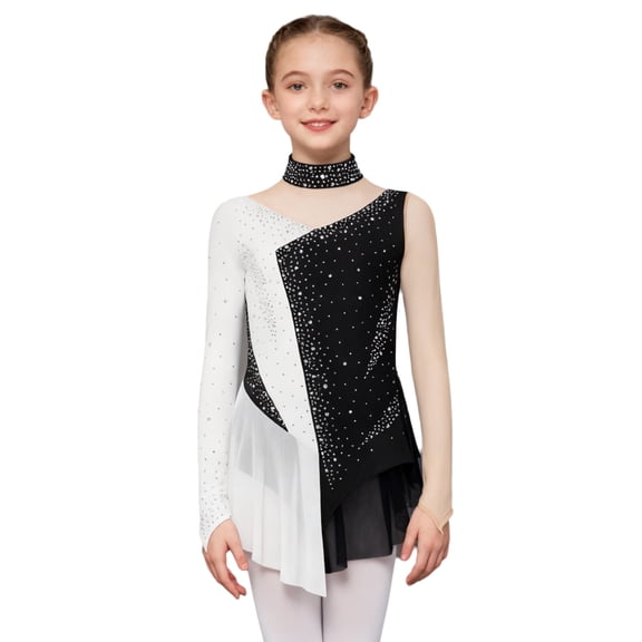 TSSOE Figure Ice Skating Dress for Girls Long Sleeve Skirted Leotard Sparkly Ballet Dance Dress for Performance White 6