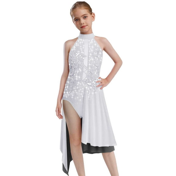 TSSOE Figure Ice Skating Dress for Kids Girls Gymnastic Ballet Skirted Leotard Modern Lyrical Performance Clothes White 8