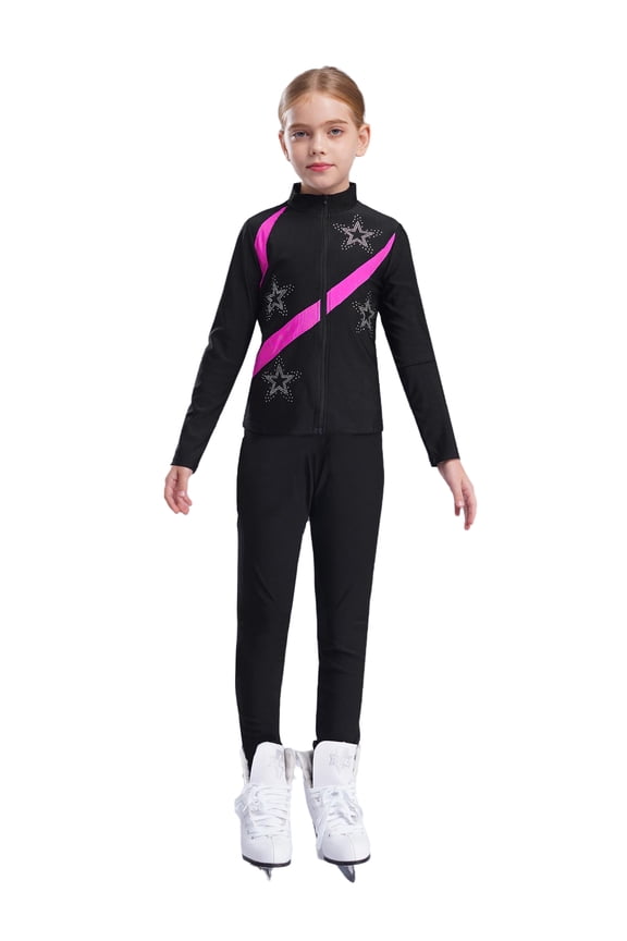 Figure Skating Jacket Ice Ballet Dance Outfits for Girls Long Sleeve Rhinestones Blazer with Leggings Hot Pink 6