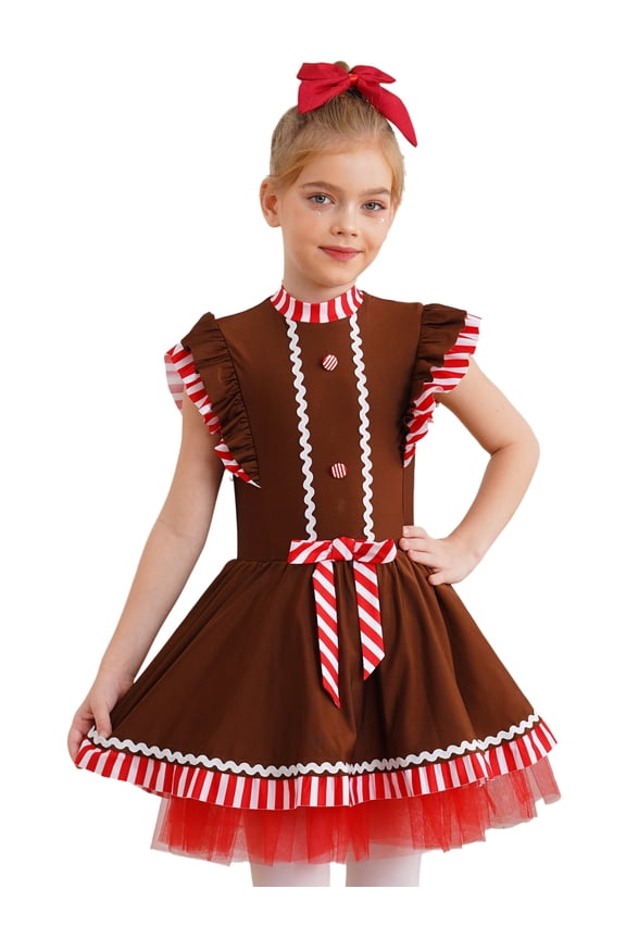 Gingerbread Man Tutu Dress Clothes for Girls Xmas Cookies Outfits Stripes Ballet Tutu Dress Bodysuit Brown 8