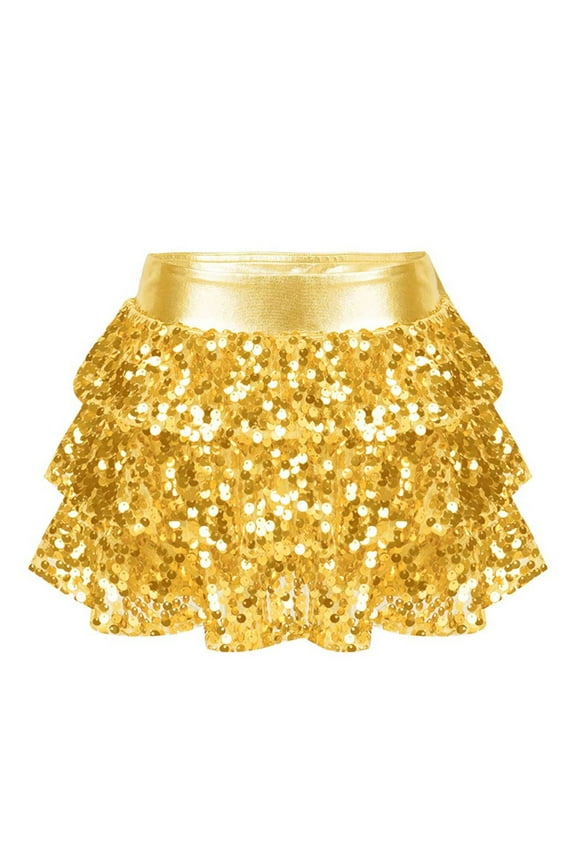 Girl's Hip Hop Jazz Dance Skirt Performance Costumes Sparkly Disco Party A-Line Mini Skirt Dancewear Gold 12