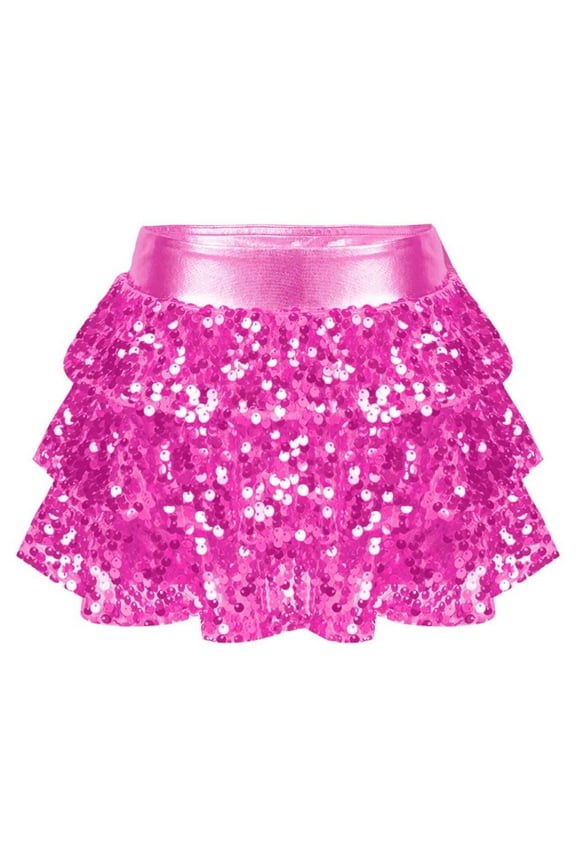 Girl's Hip Hop Jazz Dance Skirt Performance Costumes Sparkly Disco Party A-Line Mini Skirt Dancewear Hot Pink 8