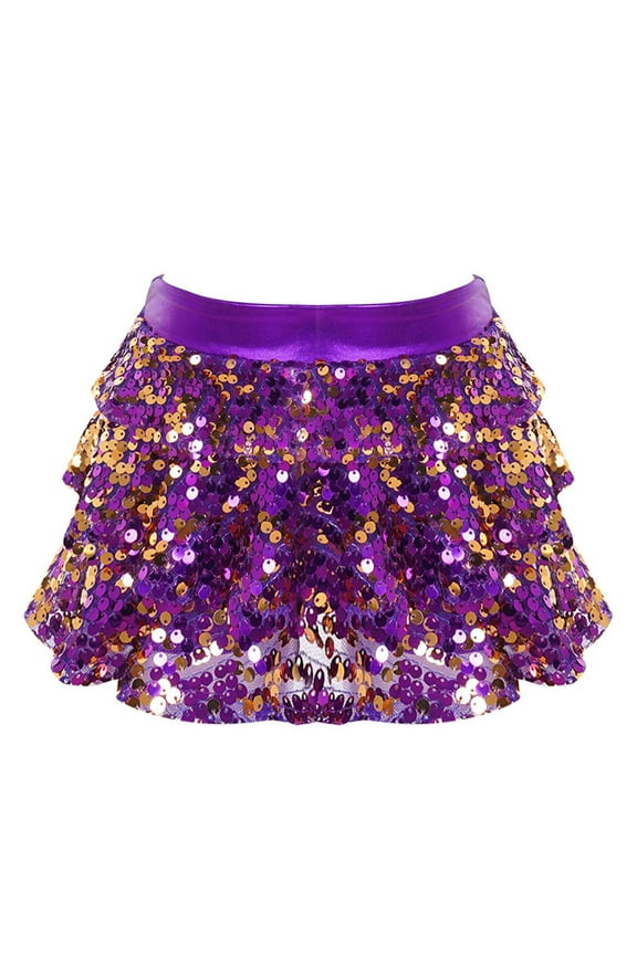 Girl's Hip Hop Jazz Dance Skirt Performance Costumes Sparkly Disco Party A-Line Mini Skirt Dancewear Purple 4