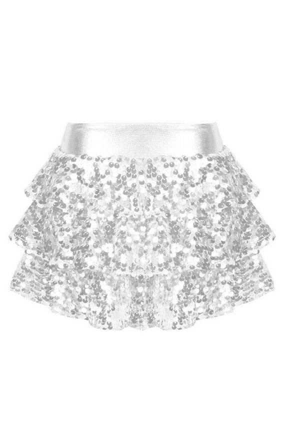 Girl's Hip Hop Jazz Dance Skirt Performance Costumes Sparkly Disco Party A-Line Mini Skirt Dancewear Silver 4