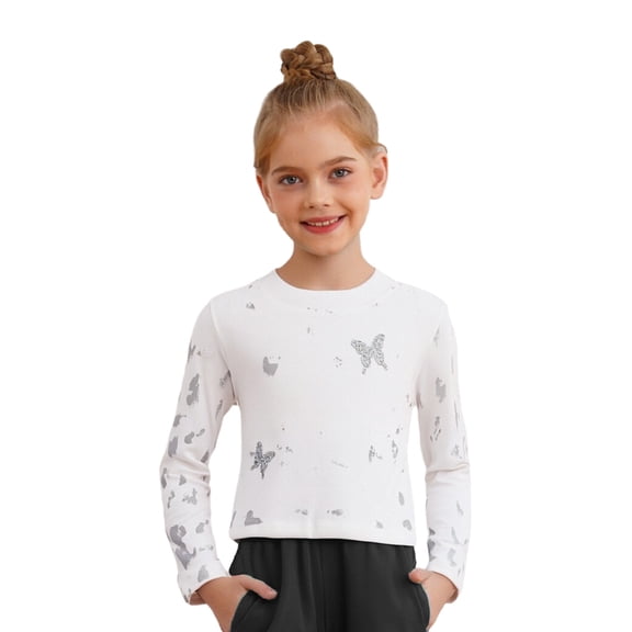 TSSOE Girl's Long Sleeve Crop Top Athletic Streetwear Hip-Hop Clothes Round Neck Pullover Shirts Basic Tees White 6-8