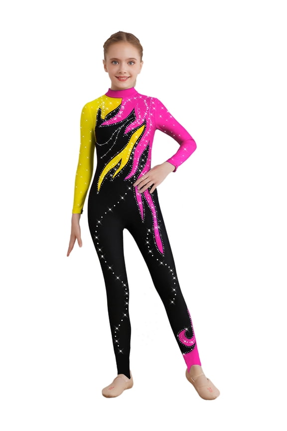 Girl's Shiny Rhinestone Jumpsuit Full Body Unitard Training Bodysuit Catsuit Long Sleeve Activewear Tops Yellow&Hot Pink 6