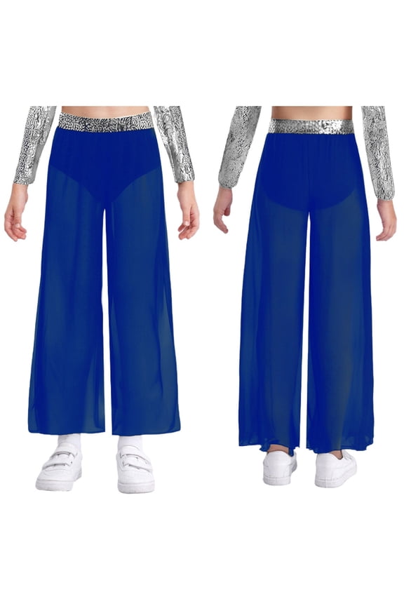 Girl's Wide-Leg Bottoms Chiffon Ballroom Dancing Trousers for Stage Performance Side Slit Lyrical Dance Pants Blue 6