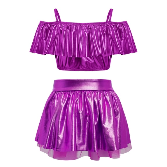 TSSOE Girls 2 Piece Metallic Dance Outfits Ballroom Dancewear Shiny Skirt and Top Set for Ballet Purple 14