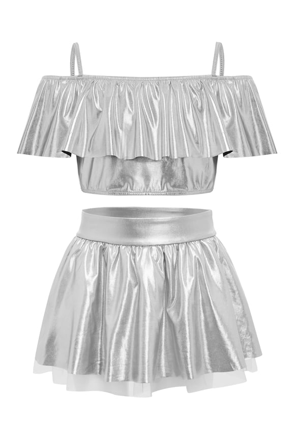 Girls 2 Piece Metallic Dance Outfits Ballroom Dancewear Shiny Skirt and Top Set for Ballet Silver 14