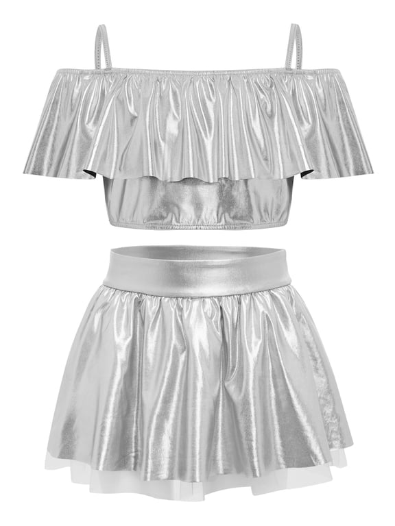 Girls 2 Piece Metallic Dance Outfits Ballroom Dancewear Shiny Skirt and Top Set for Ballet Silver 6
