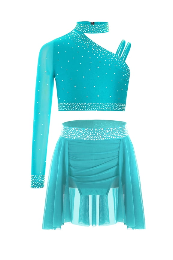 Girls 2 Pieces One Shoulder Crop Top and Skirts Lyrical Dance Dress Set for Jazz Latin Ballroom Performance Blue Green 6