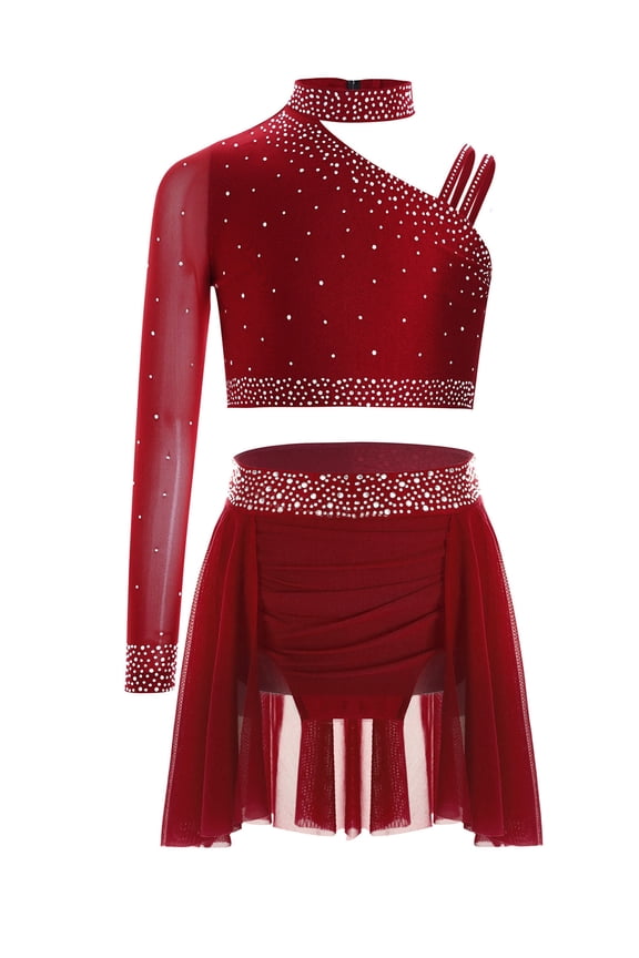Girls 2 Pieces One Shoulder Crop Top and Skirts Lyrical Dance Dress Set for Jazz Latin Ballroom Performance Burgundy 12