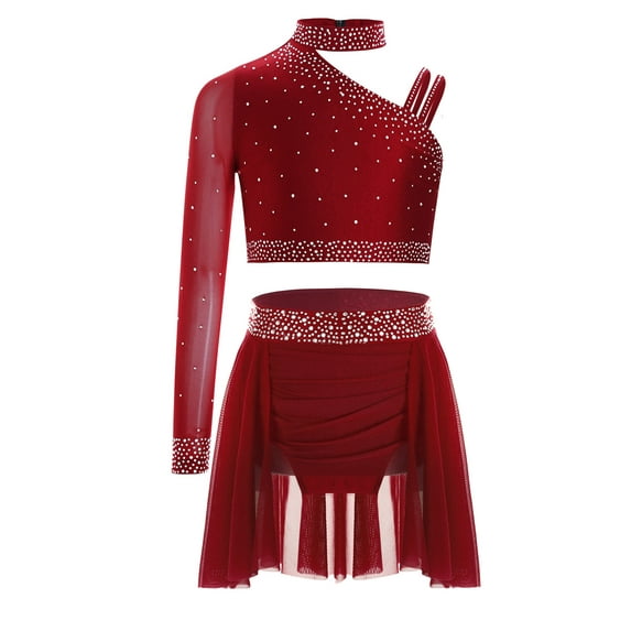 TSSOE Girls 2 Pieces One Shoulder Crop Top and Skirts Lyrical Dance Dress Set for Jazz Latin Ballroom Performance Burgundy 8