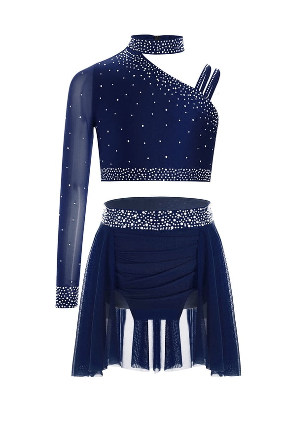 Girls 2 Pieces One Shoulder Crop Top and Skirts Lyrical Dance Dress Set for Jazz Latin Ballroom Performance Navy Blue 6