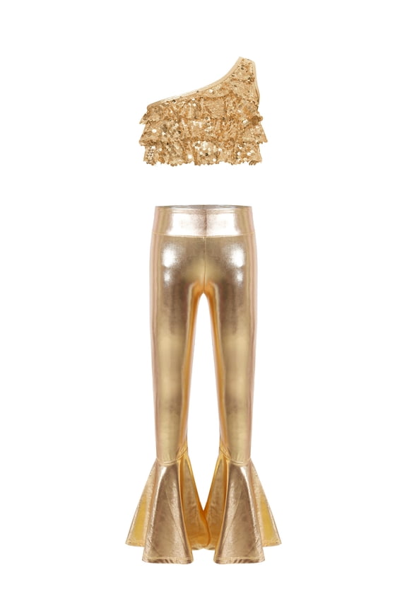 Girls 2-piece Hip Hop Dance Set for Girls Sequined Crop Top with Bell-Bottom Pants Outfits for Jazz Cha Cha Stage Show Gold 6