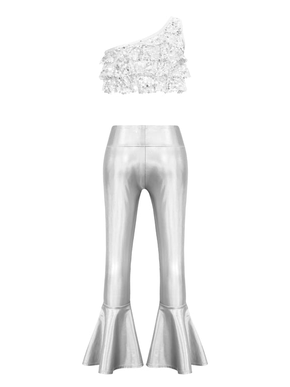 Girls 2-piece Hip Hop Dance Set for Girls Sequined Crop Top with Bell-Bottom Pants Outfits for Jazz Cha Cha Stage Show Silver 6