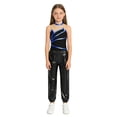 thumbnail image 1 of TSSOE Girls 2Pcs Dance Outfits Sleeveless Sheer Mesh Patchwork Leotard and Pants Set for Ice Skating Gymnastics Royal Blue&Black 6, 1 of 5
