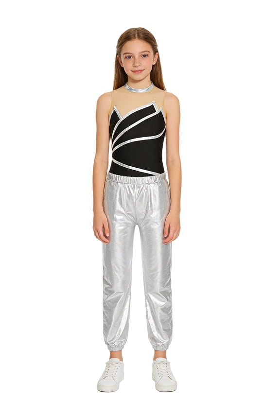 Girls 2Pcs Dance Outfits Sleeveless Sheer Mesh Patchwork Leotard and Pants Set for Ice Skating Gymnastics Silver 16