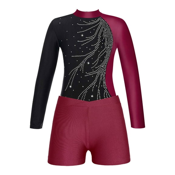 TSSOE Girls 2Pcs Shiny Rhinestone Tracksuit Long Sleeves Leotard with Boy Short Set Unitard Biketard Burgundy 10