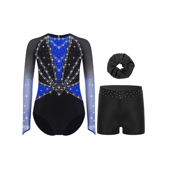 TSSOE Girls 3-Piece Gymnastic Leotards Gradient Rhinestones Sparkling Ballet Dance Outfit with Shorts Set Blue 14