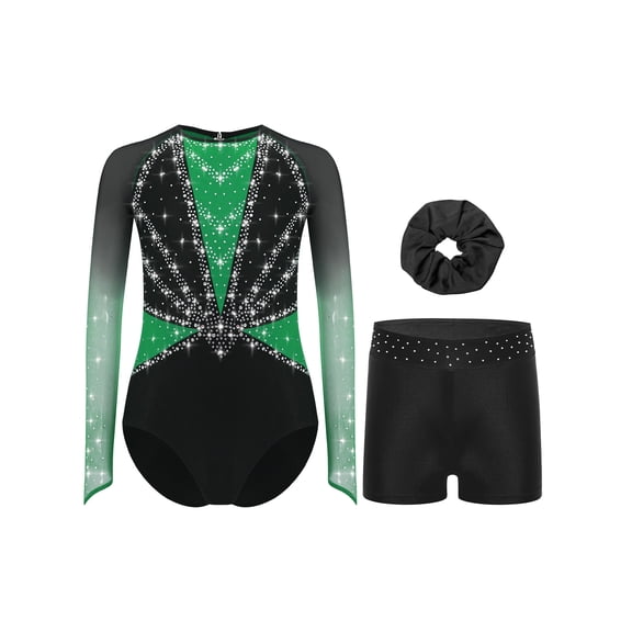 TSSOE Girls 3-Piece Gymnastic Leotards Gradient Rhinestones Sparkling Ballet Dance Outfit with Shorts Set Green 16