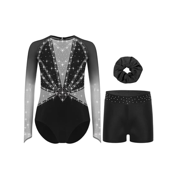 TSSOE Girls 3-Piece Gymnastic Leotards Gradient Rhinestones Sparkling Ballet Dance Outfit with Shorts Set Grey 16