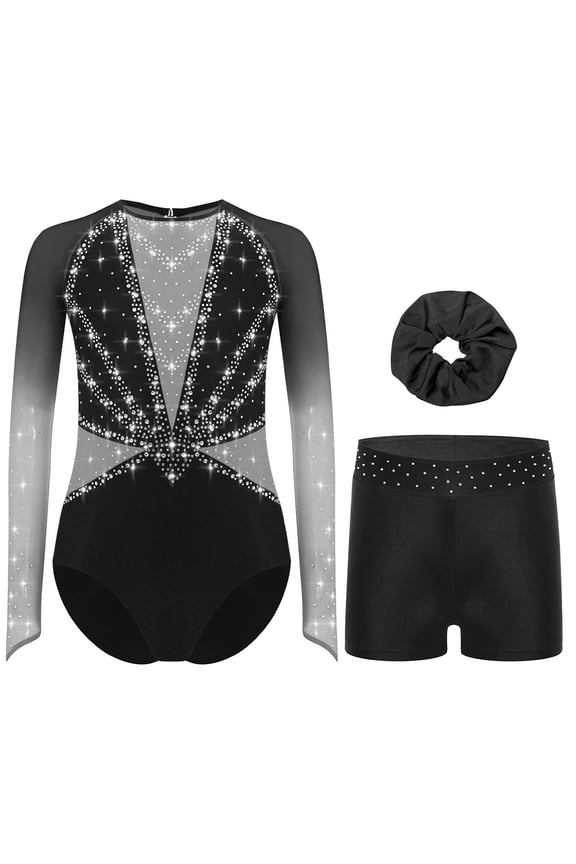 Girls 3-Piece Gymnastic Leotards Gradient Rhinestones Sparkling Ballet Dance Outfit with Shorts Set Grey 6