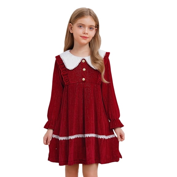 TSSOE Girls Autumn Winter Elegant A Line Velvet Dress Birthday Gift Princess Clothing Wedding Party Festive Dresses Red 140/4