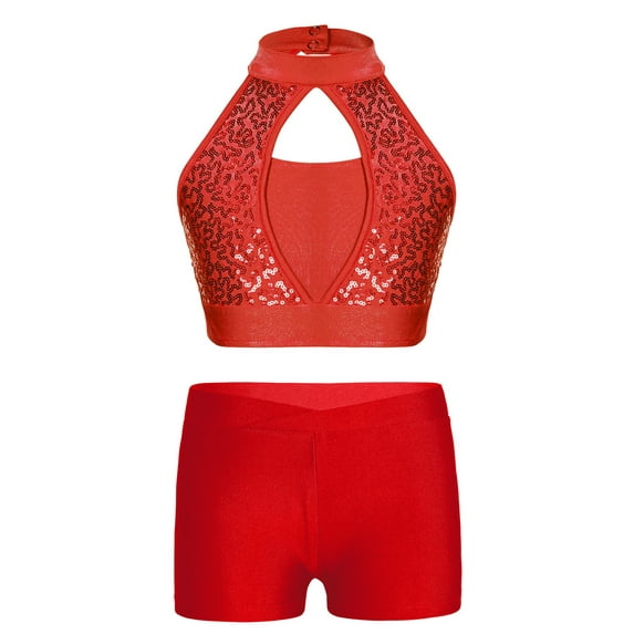 TSSOE Girls Ballet Dance Outfits Sequins Crop Top with Shorts 2Pcs Gymnastics Leotard Tracksuit Performance Costume Red 12