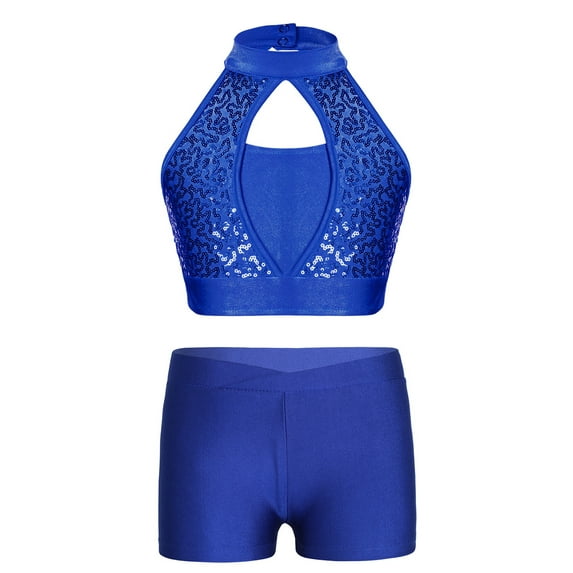 TSSOE Girls Ballet Dance Outfits Sequins Crop Top with Shorts 2Pcs Gymnastics Leotard Tracksuit Performance Costume Royal Blue 10