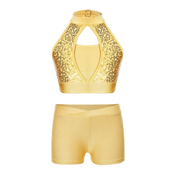 TSSOE Girls Ballet Dance Outfits Sequins Crop Top with Shorts 2Pcs Gymnastics Leotard Tracksuit Performance Costume Yellow 12